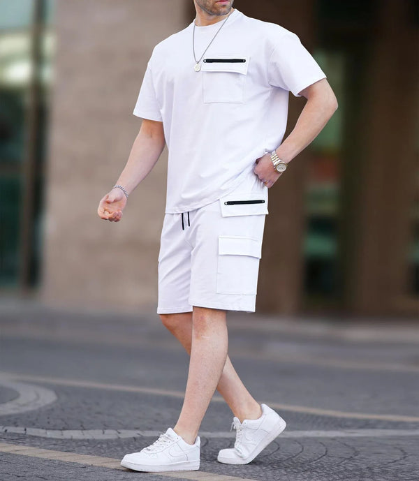 Summer 2025 Men's Short Sleeve Multi-Pocket Utility T-Shirt Shorts Casual Set for Western Europe and America