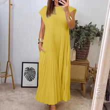 Loose Solid Color Loose Waist Large Hem Long Dress Summer New Fashion O-Neck Sleeveless Pleated Maxi Women's Dress Femme Robe