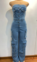 CM.YAYA Women Strapless Sleeveless Wide Leg Jeans Jumpsuits Button Pockets Cargo Street Night Playsuit One Piece Suit Rompers