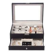 6 Watch Slots Luxury Black Leather Jewellery Box Multiple Compartments with Transparent Lid and Velvet Lining