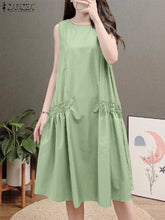 ZANZEA Summer Women's A-line Midi Dresses Casual O-Neck Shirring Pleated Tank Vestidos 2025 Fashion Holiday Solid Robes Femme