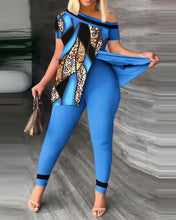 Elegant Women Two Piece Set Suits New Fashion Printed Ruffle Sleeve Top Solid Color Pants Set With Belt Blouses Female Clothing