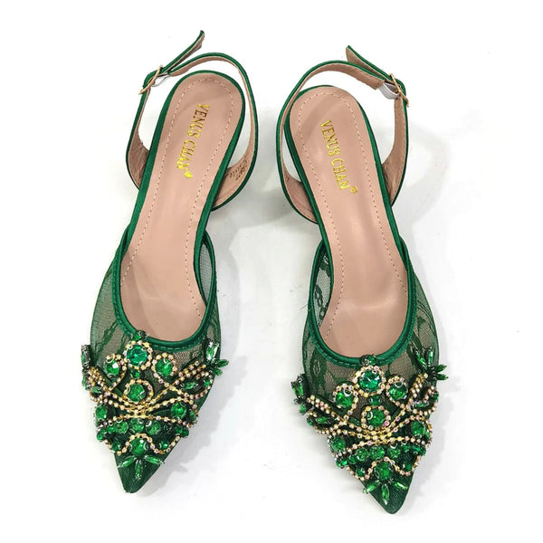 Venus Chan Nigerian Elegant Lace Net Style Green Crystal Low Heel Shoes And Three-Dimensional Mini Bag Commuter Women's Shoes