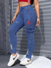 Women's Blue Elastic Jeans With Waist And Hip Lift Tight Little Fee Hairy Edges Sexy Overalls Multi-pocket Pants Lipstick Print