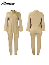 Mlaiscsr Causal Solid 2 Piece Set Women V Neck Loose Fit Tops and Legging Jogger Pants Suit Stretwear Birthday Tracksuits Outfit