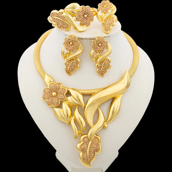 Luxury Flower Design Jewelry Set for Women, Gold Color Big Pendant Necklace and Earrings Bridal Weddings Nigerian Accessories