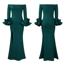 Elegant Sexy Side Slit Long Dress For Women Independent Stand Trade Clothing One-character Collar Leaf Sleeves Evening Dress