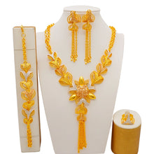 Dubai Gold Color Jewelry Set For Woman Bridal Nigerian African Long Chain Necklace Earrings Bracelet Ring Jewellery Set
