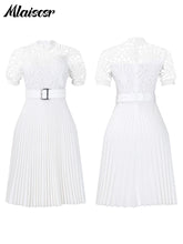 Mlaiscsr Elegant Luxury Wedding Guest Pleated Dresses with Belt Women O Neck Lace Patchwork Short Sleeve Birthday Party Robe New