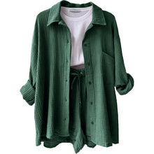 Women's Short Sets 2 Pcs Sale Grass Green Loose Button Cardigan Blouse Coats & Drawstring Wide Leg Loose Short Pant Suits