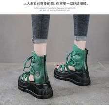 Koznoy 8cm Ethnic Cow Genuine Leather Ankle Booties Women Hollow Peep Toe Platform Wedge Breathable Zip Summer Fashion Shoes