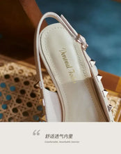 Women Sandals Rivets Pointed Toe Slingbacks Patent Leather Mid Heels Pumps Blue Snakeskin Pattern Slip on Sandalias Mujer