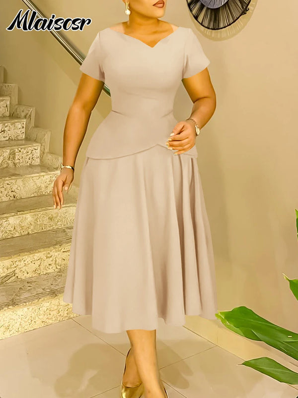 Mlaiscsr Fashion V-neck Short Sleeved Wide Hem A-Line Mid Dress Elegant Birthday Evening Party Cocktail Party African Vestidos