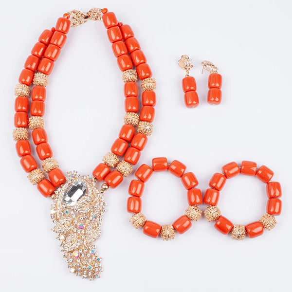 Artificial Coral Women Pendant Necklace Bracelets Earrings Suit African Wedding Jewelry Set Nigeria Bride Accessories Party Gift