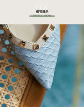 Women Sandals Rivets Pointed Toe Slingbacks Patent Leather Mid Heels Pumps Blue Snakeskin Pattern Slip on Sandalias Mujer