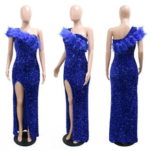 One Shoulder Feather Sequin Prom Long Slit Dress Party Evening Gowns Elegant Luxury Celebrity Night Club Sexy Bodycon Dresses