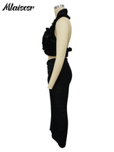 Mlaiscsr Elegant Pleated Ruffle Black Dress Set for Women Sexy Crop Top and Split Skirts Two 2 Piece Matching Club Prom Outfits