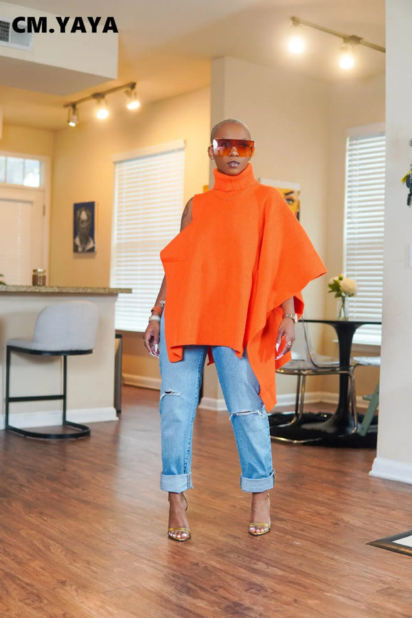 CM.YAYA Elegant Women Winter 2025 Streetwear One Long Sleeve Asymmetrical Turtleneck INS Pullovers Sweater Casual Tops