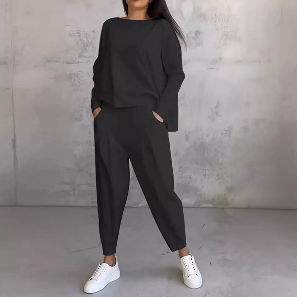 Women Two Piece Pant Sets Solid Full Sleeved Tops Round Neck Casual Midi Waist Long Pants Pockets Regular Elegant Lady