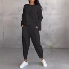 Women Two Piece Pant Sets Solid Full Sleeved Tops Round Neck Casual Midi Waist Long Pants Pockets Regular Elegant Lady