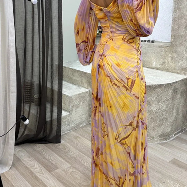 Women Floral Lantern Long Sleeve Dress Elegant Rhinestone Off Shoulder Maxi Dresses Sexy Deep V-neck  Waist Split Parties Dress