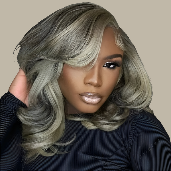 Transparent Full 13X4 Lace Frontal Wig Bob Wave Wig Gray Ash Blonde Highlight Wig Short Bob Human Hair Preplucked Wigs For Women