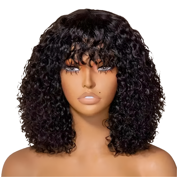 Brazilian Jerry Curl Human Hair Bob Wigs With Bang For Black Women Wonderful Black Dark Remy Bob Hair Machine Made Cheap Wigs