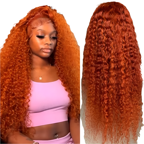 Orange coloured Water wave 13x6 hd lace frontal human hair wig Preplucked