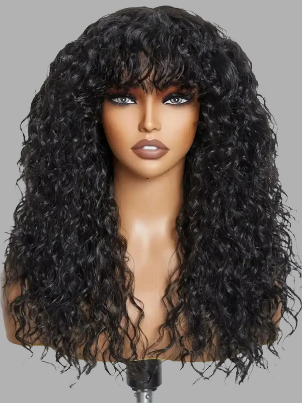 100% Human Hair Wigs with Bang Full Wig Brown Black Highlight Water Wave Machine Made Non Lace Wig with Fringe Bobbi Wig