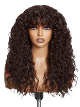 100% Human Hair Wigs with Bang Full Wig Brown Black Highlight Water Wave Machine Made Non Lace Wig with Fringe Bobbi Wig