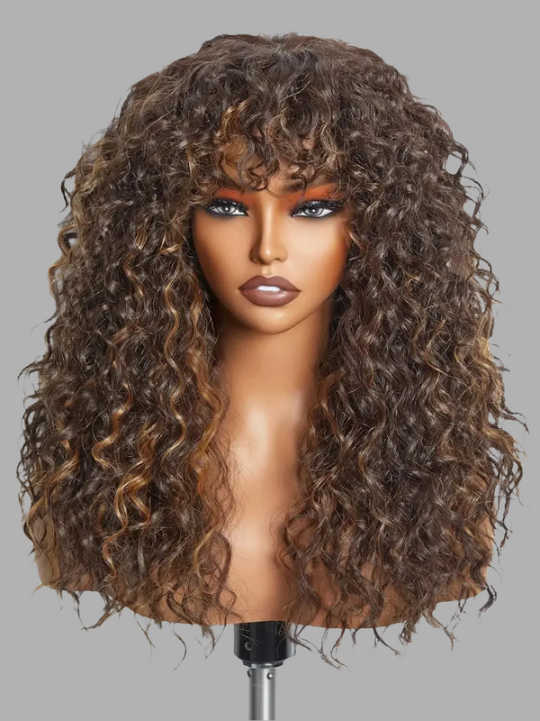 100% Human Hair Wigs with Bang Full Wig Brown Black Highlight Water Wave Machine Made Non Lace Wig with Fringe Bobbi Wig