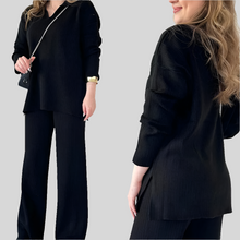 2024 Women's Knitted Pullover Sets 2PCS Solid V Neck Hem Split Loose Top + Set Wide Leg Pants Two Pcs Outfit Female Oversized