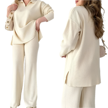 2024 Women's Knitted Pullover Sets 2PCS Solid V Neck Hem Split Loose Top + Set Wide Leg Pants Two Pcs Outfit Female Oversized