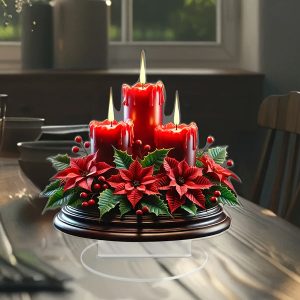 Acrylic Christmas Candle Centerpiece with Red Poinsettia - Perfect for Home, Office, Cafe & Living Room Decor | Ideal Holiday Gift & Housewarming Present