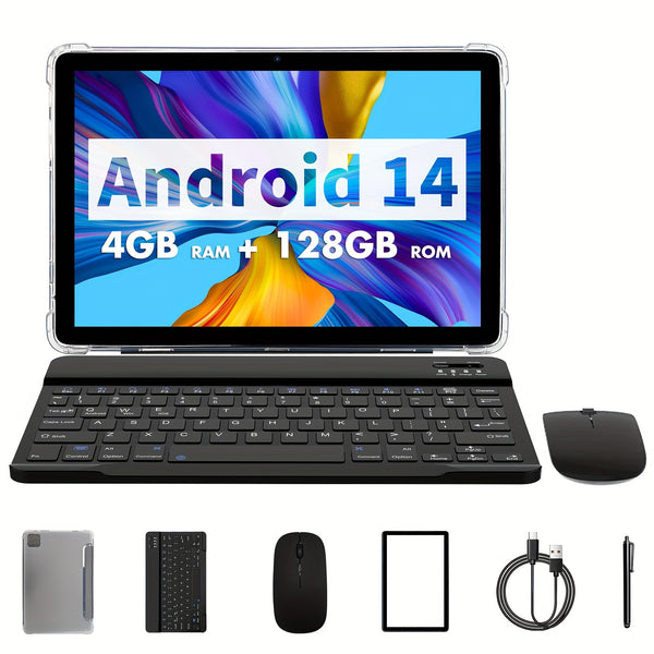 25.65 cm Tablet Android 14, 2-in-1 Tablet with Keyboard, Mouse, Case, Stylus, 128GB ROM + 8GB RAM Extended, Dual 8MP Camera, Octa-Core, 8000mAh, 1280x800 IPS Display, Wi-Fi 6, Google Certified